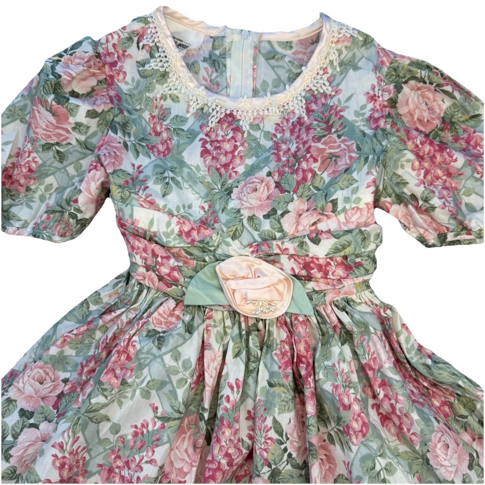 Bonnie Jean Girls Size 7 Floral Flowers Lace Multicolor Dress Puff Sleeves Bow
